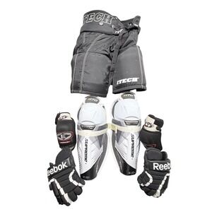 Kids Hockey Gear Set Bauer Supreme S170 Shin Guards Reebok Gloves Itech Shorts